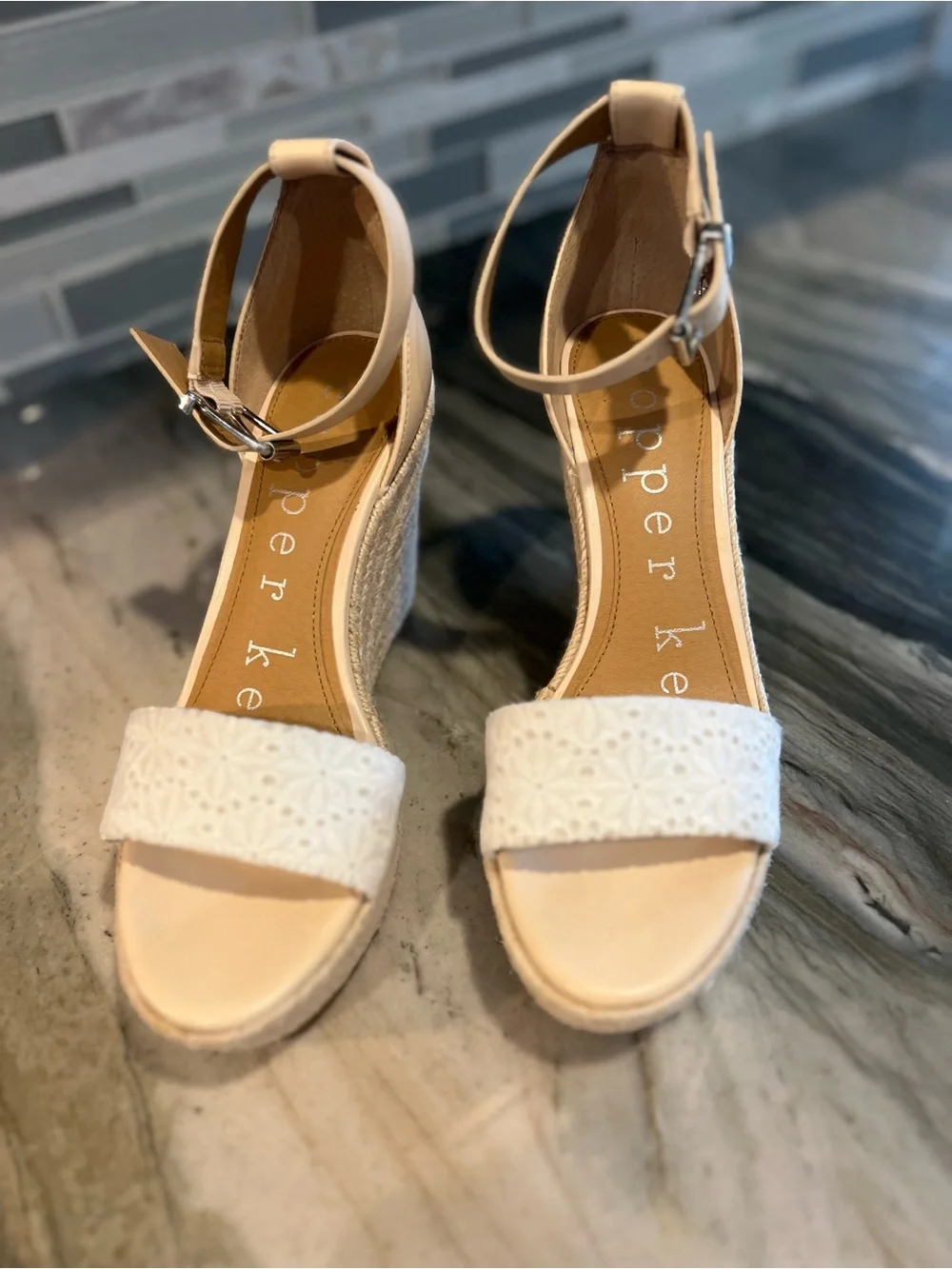 Copper Key Cream and Tan Espadrille Wedge Sandals with Ankle Strap
